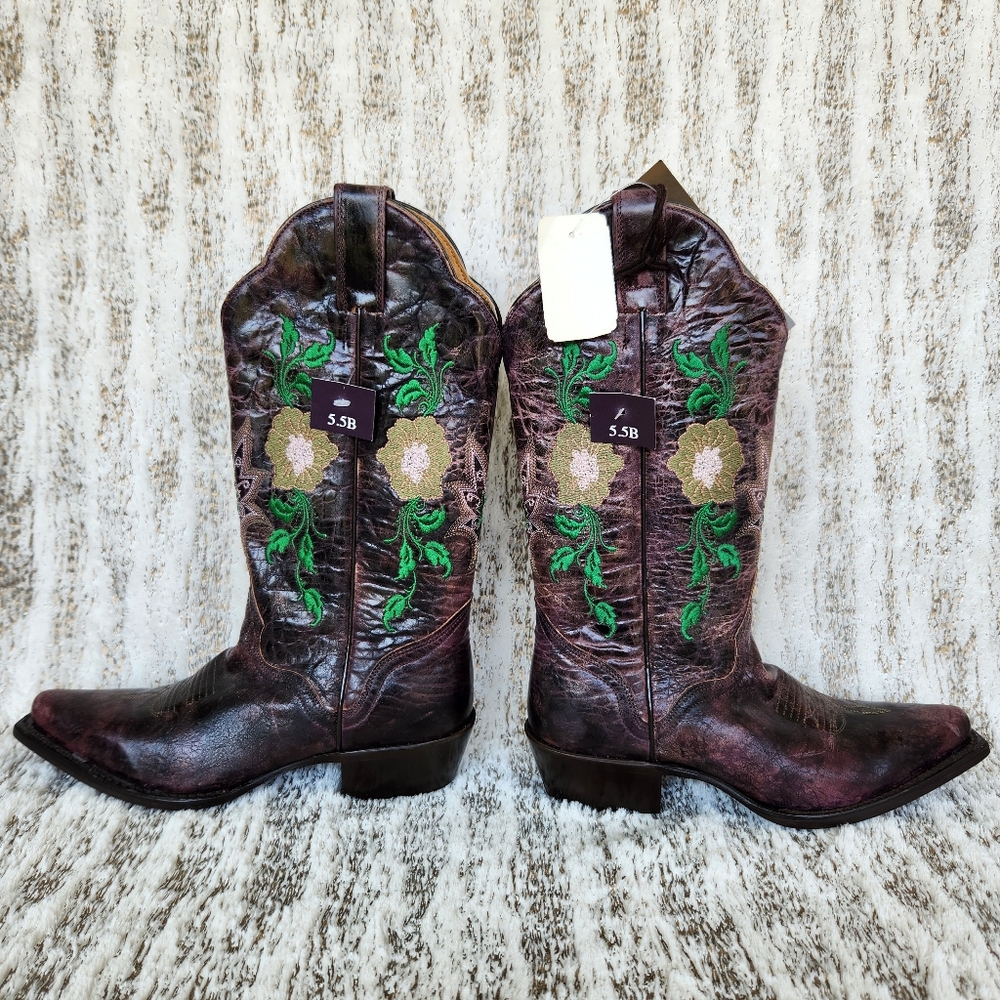NWT J.B. Dillon Distressed Leather Western Cowboy Boots Floral Women's Size 5.5B - Picture 6 of 13